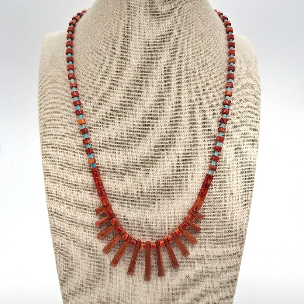 VTG Artisan Goldstone Carnelian Like Turquoise Colored Tube Bead 19" Necklace